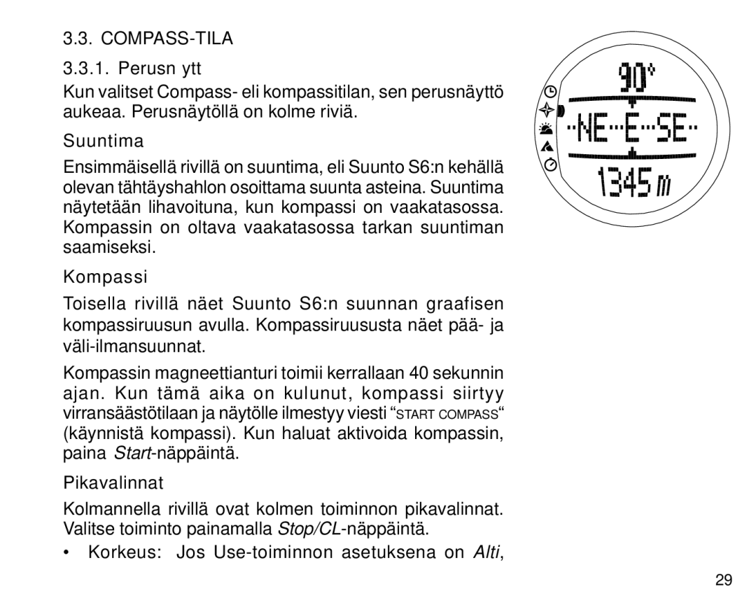 Suunto S6 manual Compass-Tila, Suuntima, Kompassi 