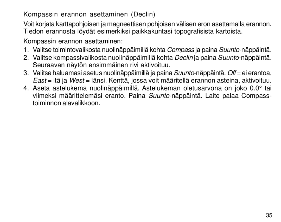 Suunto S6 manual Kompassin erannon asettaminen Declin 