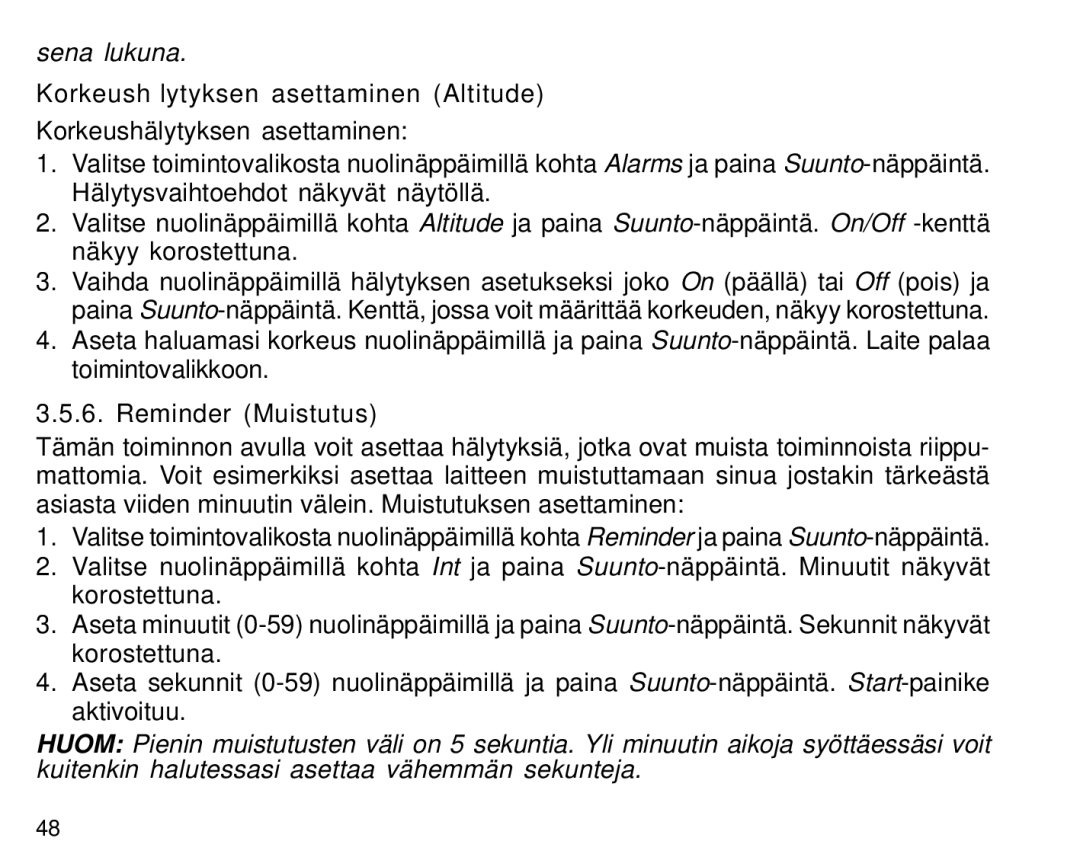 Suunto S6 manual Korkeushälytyksen asettaminen Altitude, Reminder Muistutus 