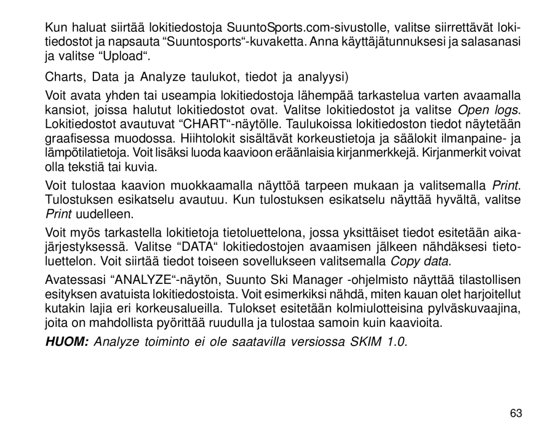 Suunto S6 manual Charts, Data ja Analyze taulukot, tiedot ja analyysi 