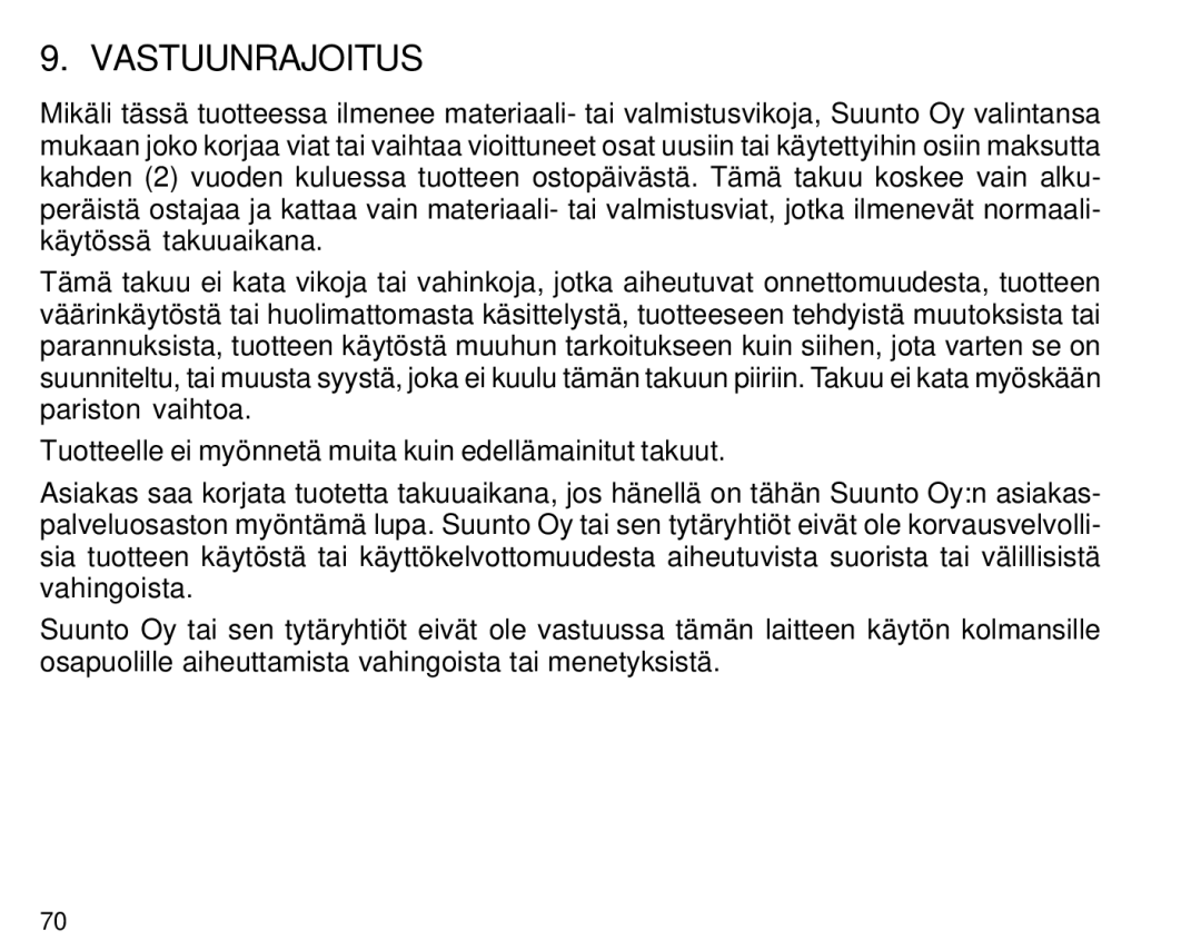 Suunto S6 manual Vastuunrajoitus 