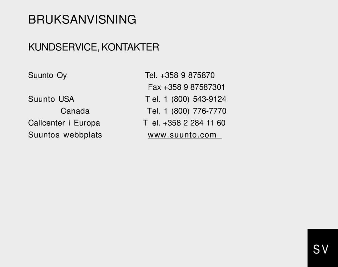 Suunto S6 manual KUNDSERVICE, Kontakter, Callcenter i Europa, Suuntos webbplats 