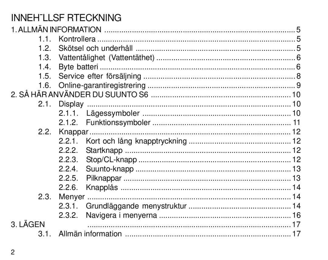 Suunto S6 manual Innehållsförteckning, Allmän Information 