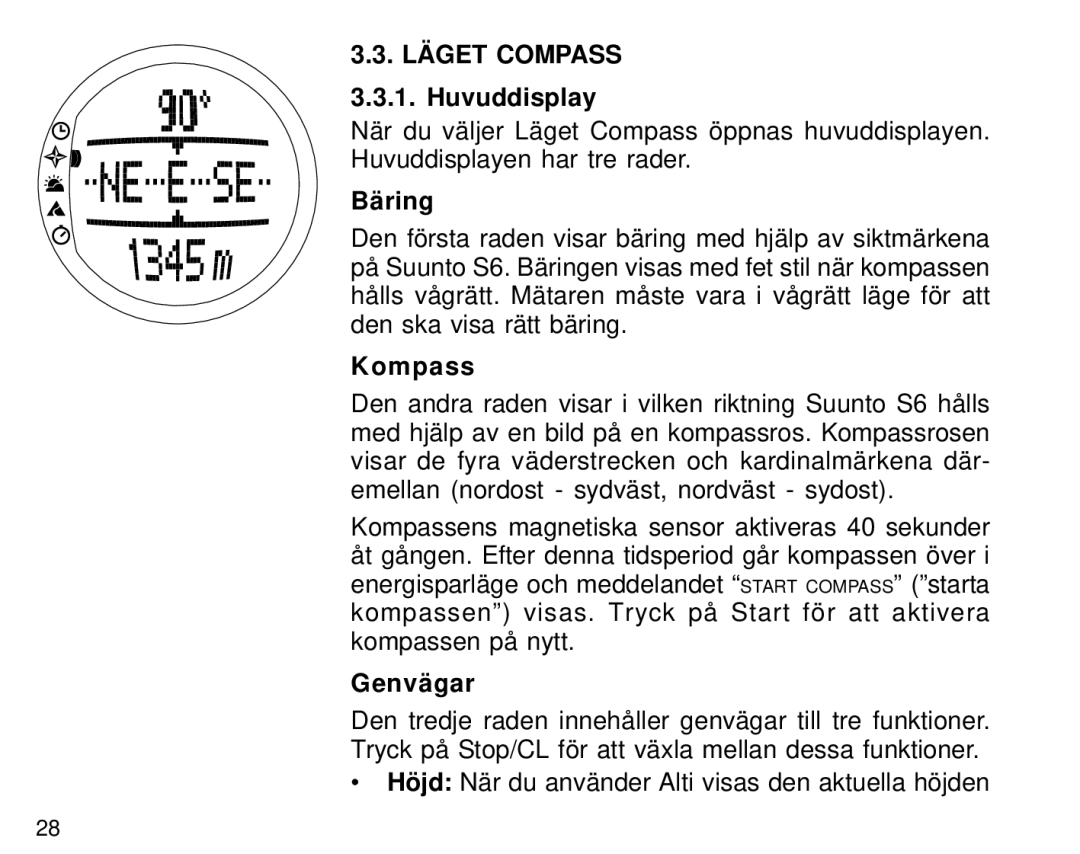 Suunto S6 manual Läget Compass, Huvuddisplay, Bäring 