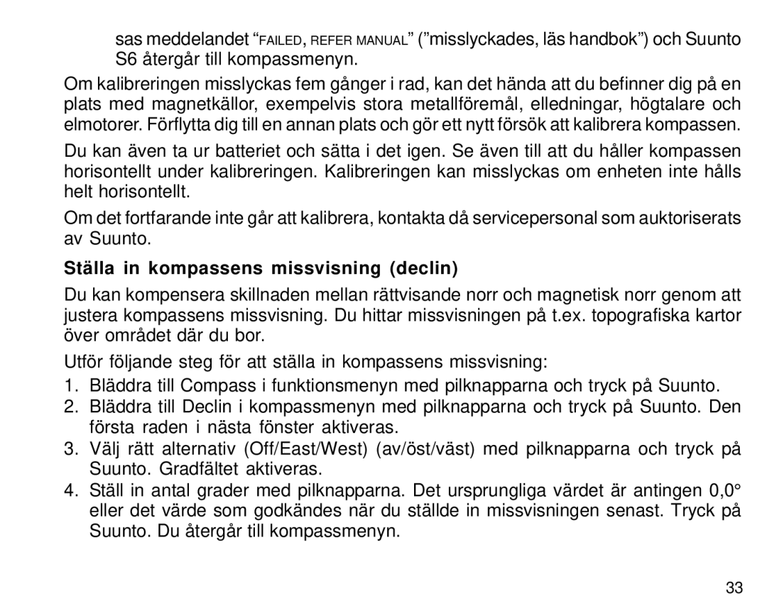 Suunto S6 manual Ställa in kompassens missvisning declin 