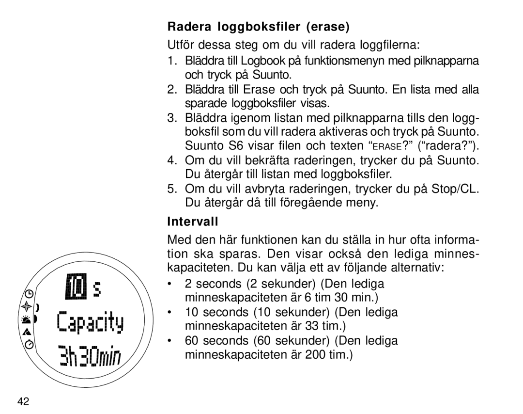 Suunto S6 manual Radera loggboksfiler erase, Intervall 