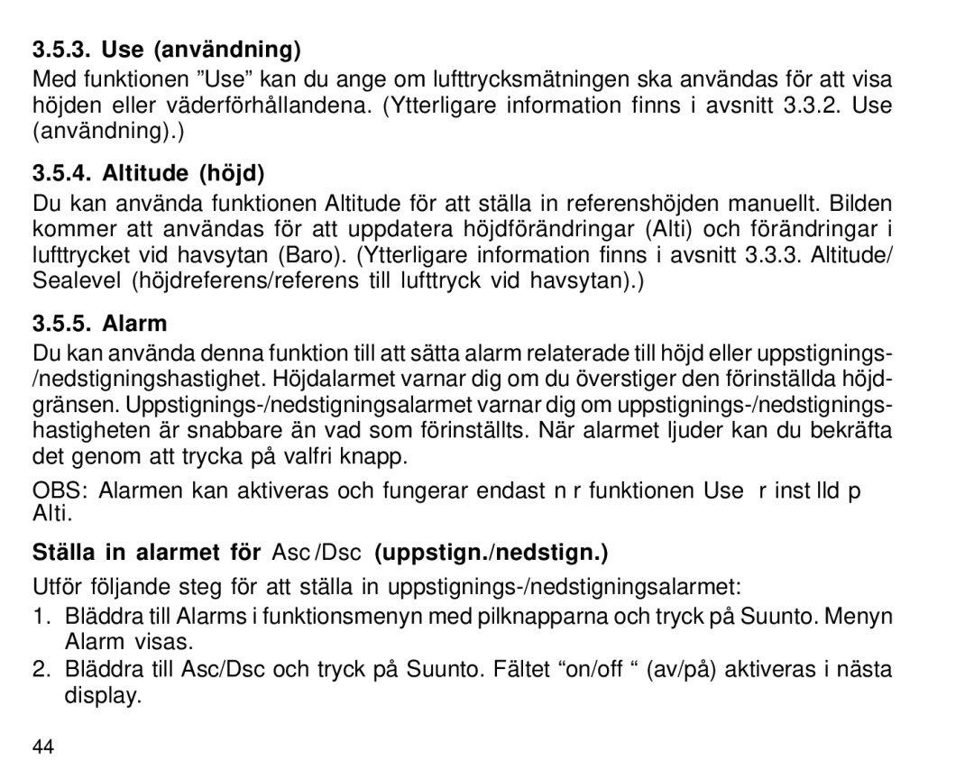 Suunto S6 manual Altitude höjd, Ställa in alarmet för Asc/Dsc uppstign./nedstign 