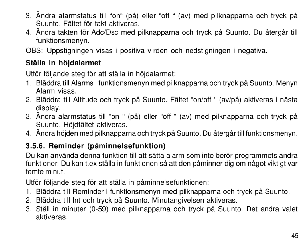 Suunto S6 manual Ställa in höjdalarmet, Reminder påminnelsefunktion 