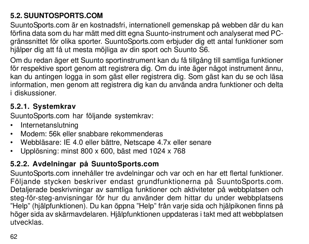 Suunto S6 manual Systemkrav, Avdelningar på SuuntoSports.com 