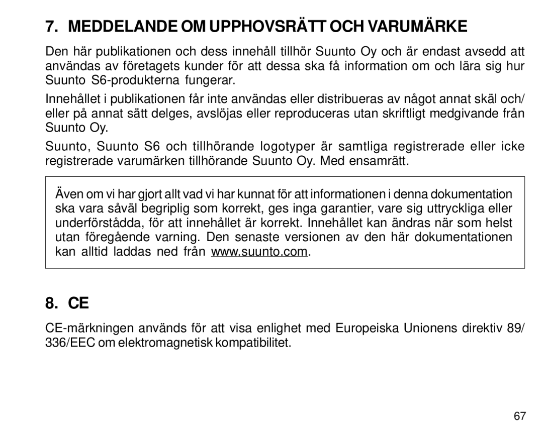 Suunto S6 manual Meddelande OM Upphovsrätt OCH Varumärke 