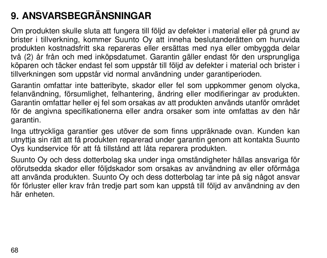 Suunto S6 manual Ansvarsbegränsningar 