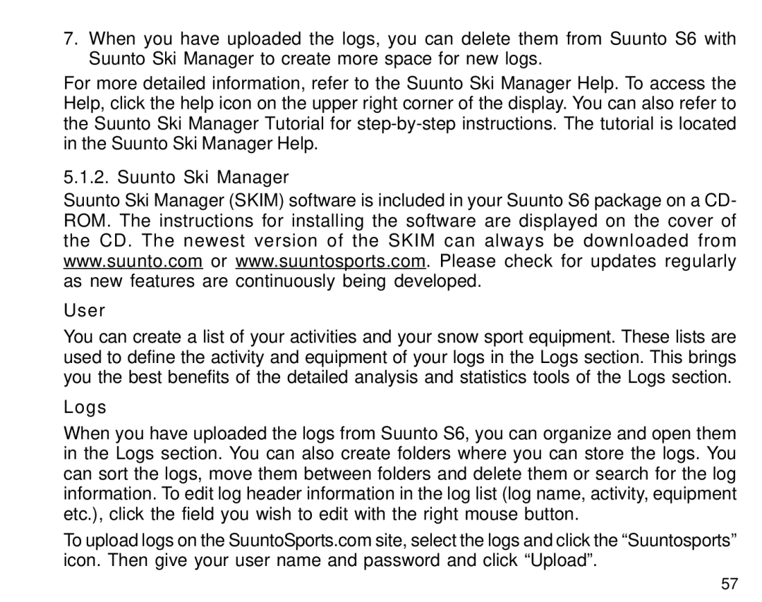 Suunto S6 manual Suunto Ski Manager User, Logs 