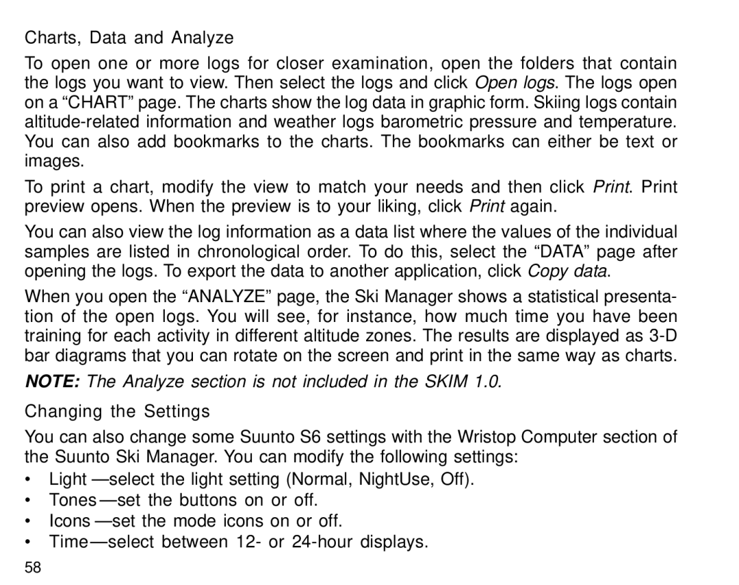 Suunto S6 manual Charts, Data and Analyze, Changing the Settings 