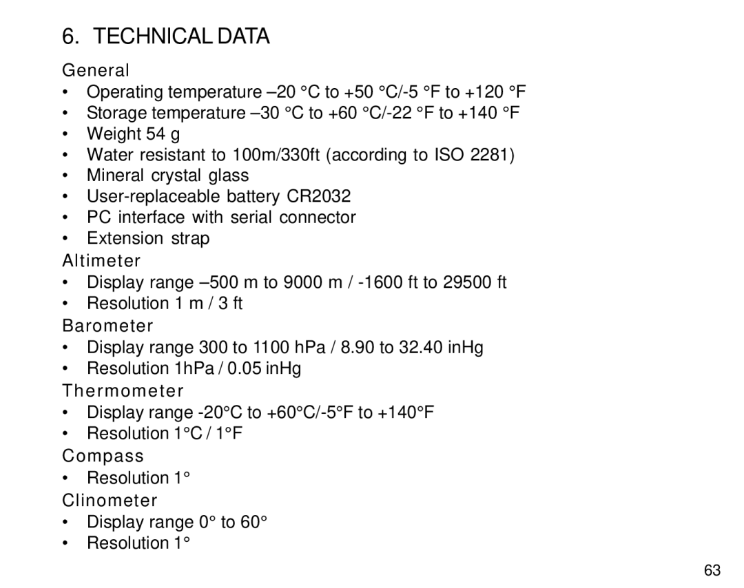 Suunto S6 manual Technical Data, Altimeter, Barometer, Thermometer, Clinometer 