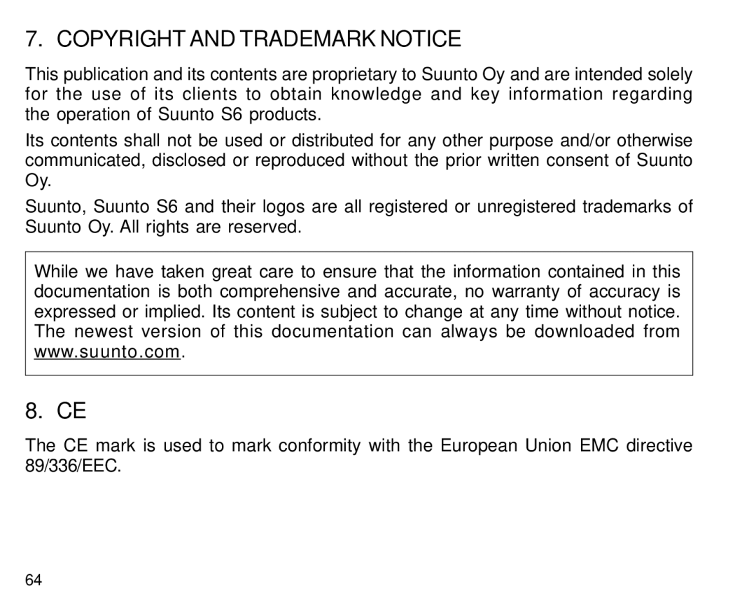 Suunto S6 manual Copyright and Trademark Notice 