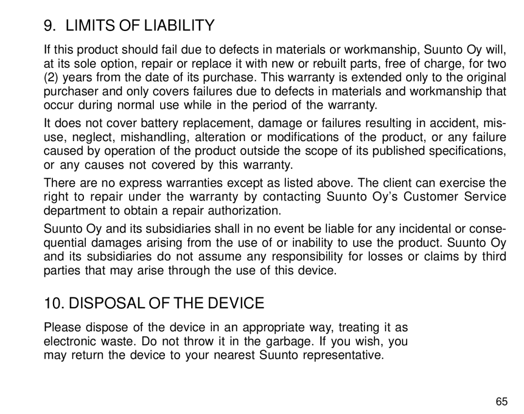 Suunto S6 manual Limits of Liability, Disposal of the Device 