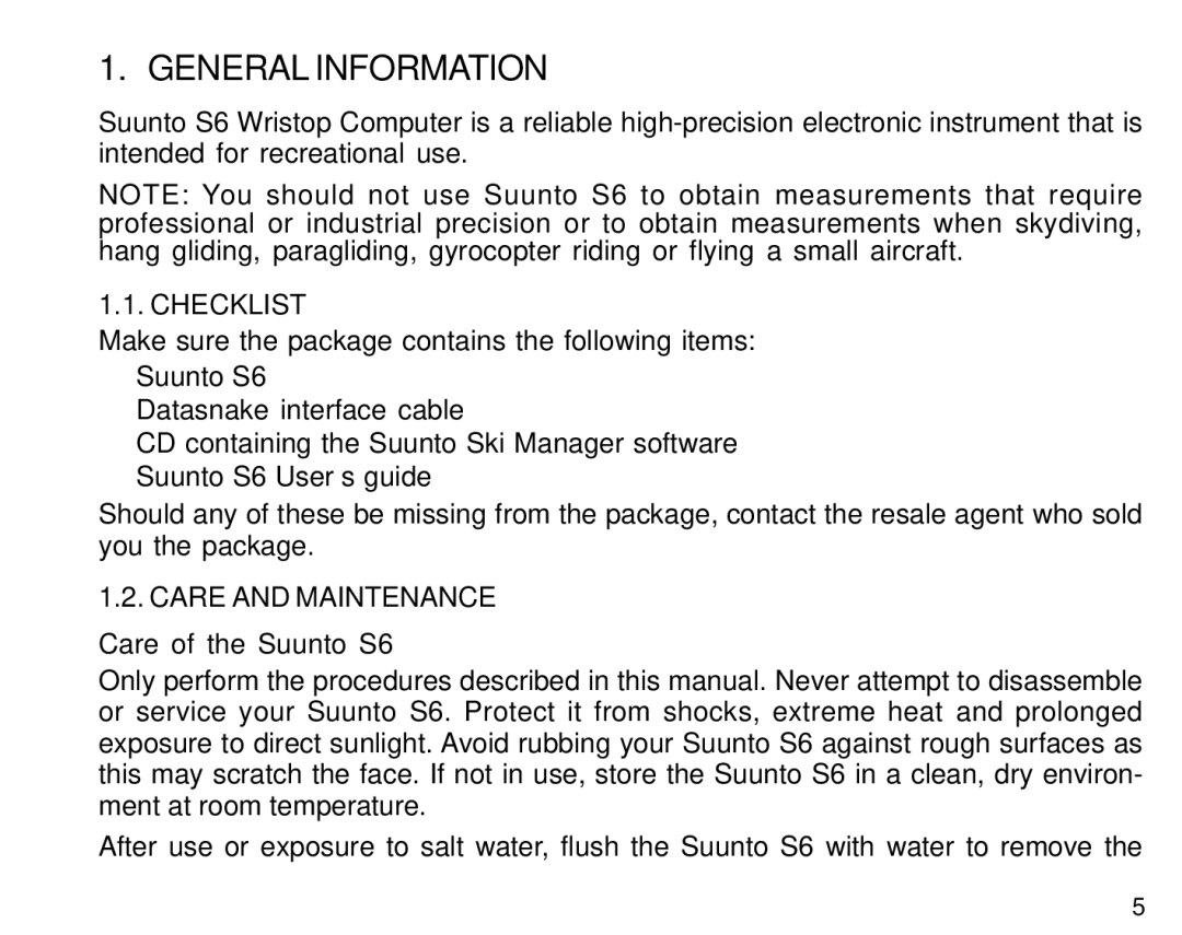 Suunto manual General Information, Checklist, Care and Maintenance, Care of the Suunto S6 