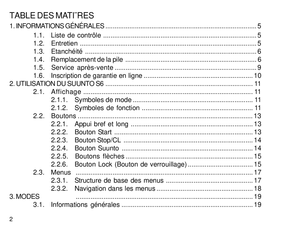 Suunto S6 manual Table DES Matières 