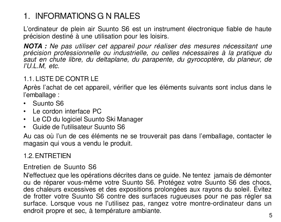 Suunto manual Informations Générales, Liste DE Contrôle, Entretien de Suunto S6 