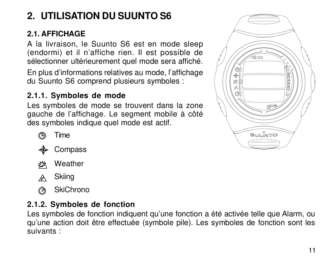 Suunto manual Utilisation DU Suunto S6, Affichage, Symboles de mode, Symboles de fonction 