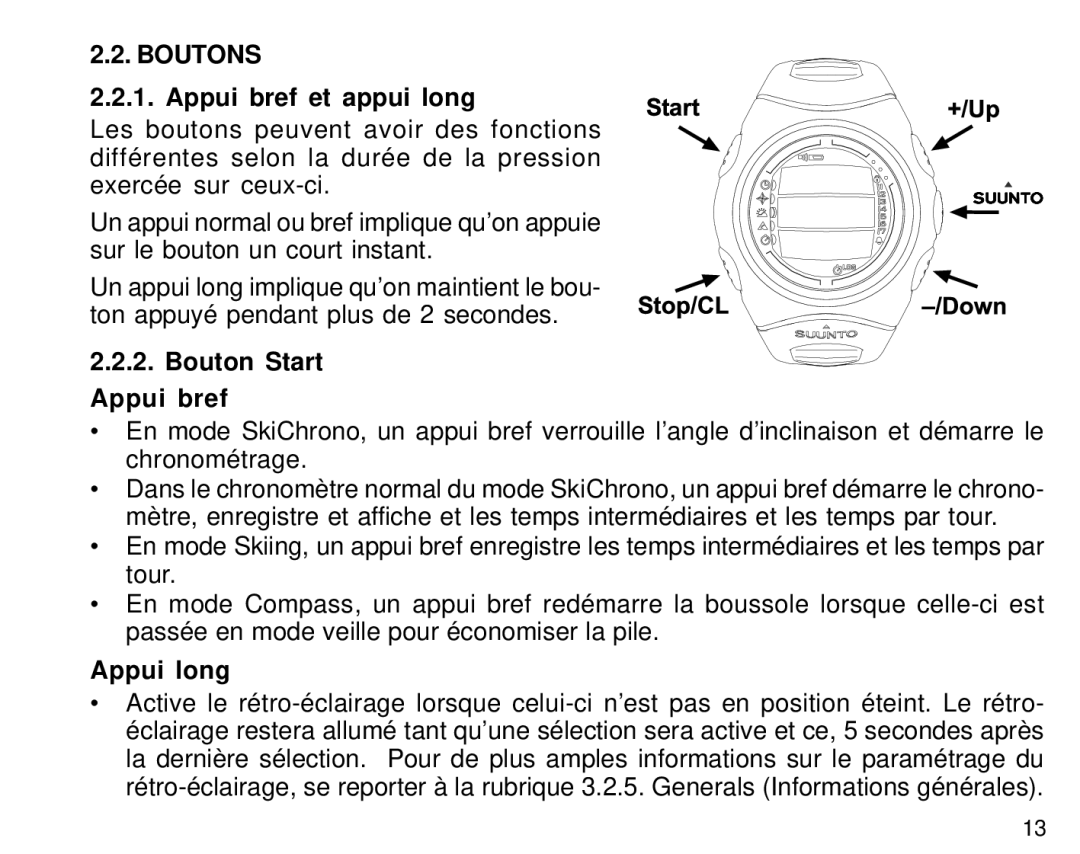 Suunto S6 manual Boutons, Appui bref et appui long, Bouton Start Appui bref, Appui long 