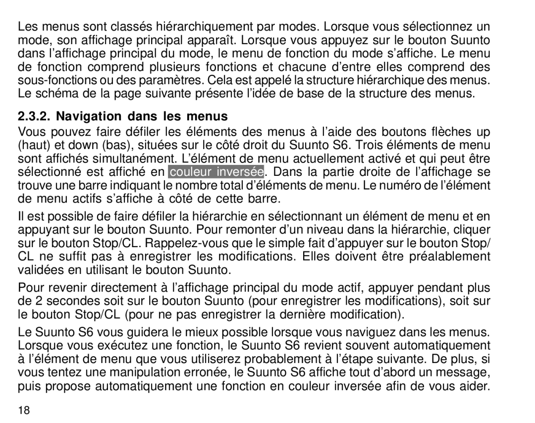 Suunto S6 manual Navigation dans les menus 