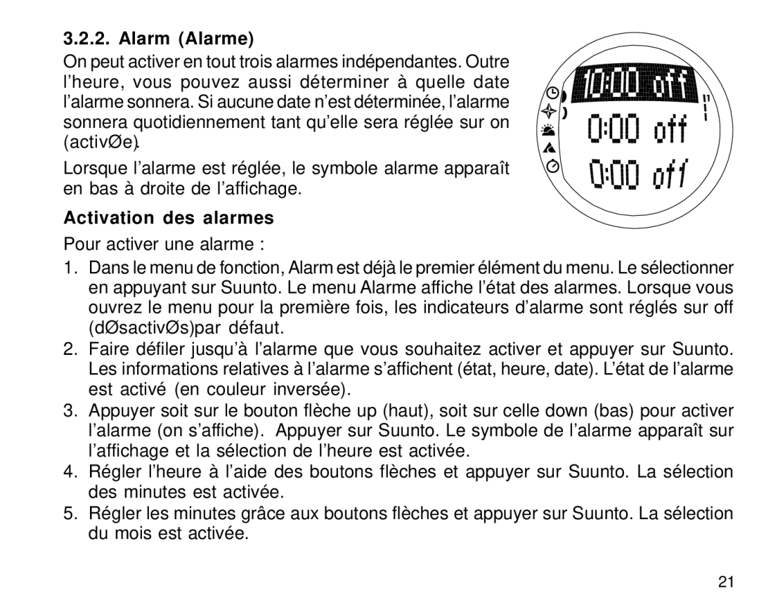 Suunto S6 manual Alarm Alarme, Activation des alarmes 