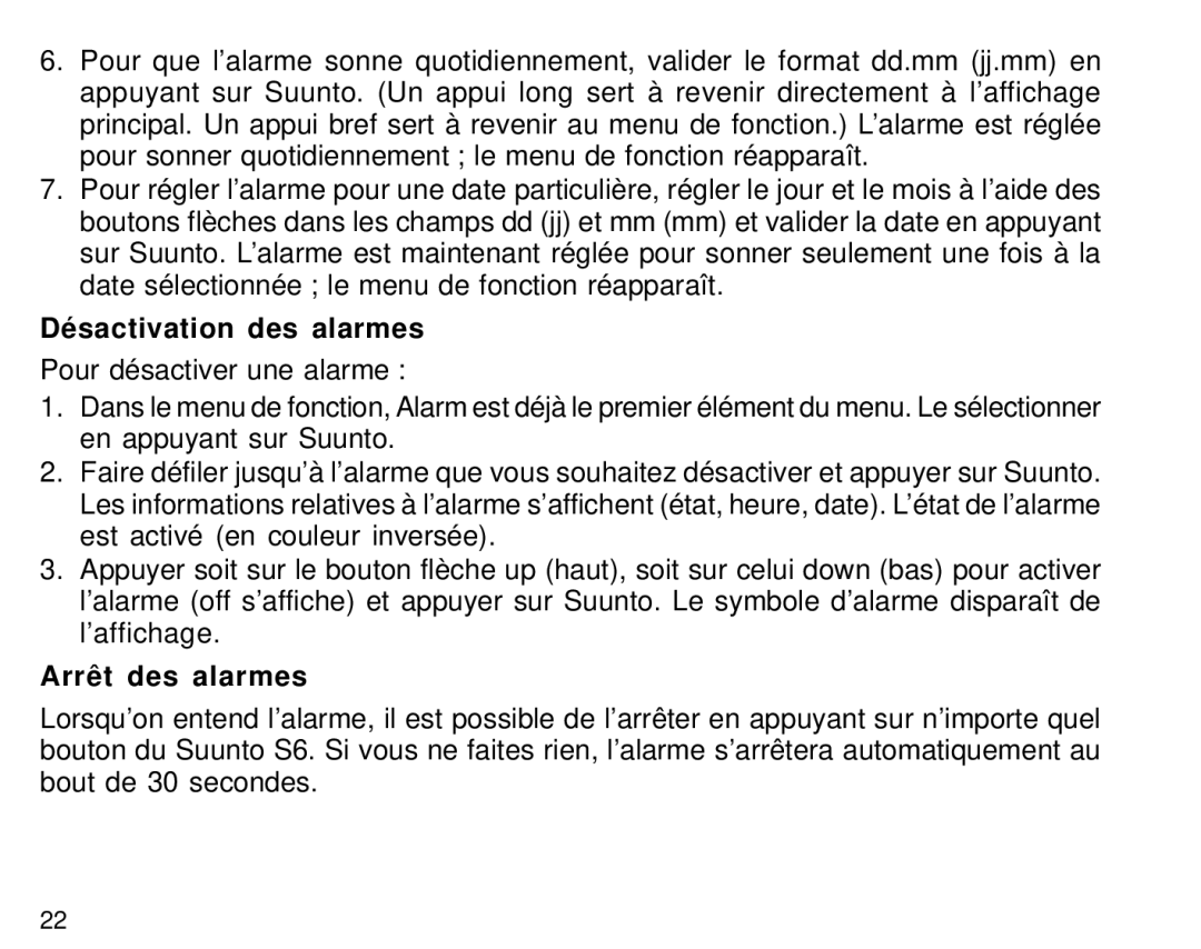 Suunto S6 manual Désactivation des alarmes, Arrêt des alarmes 