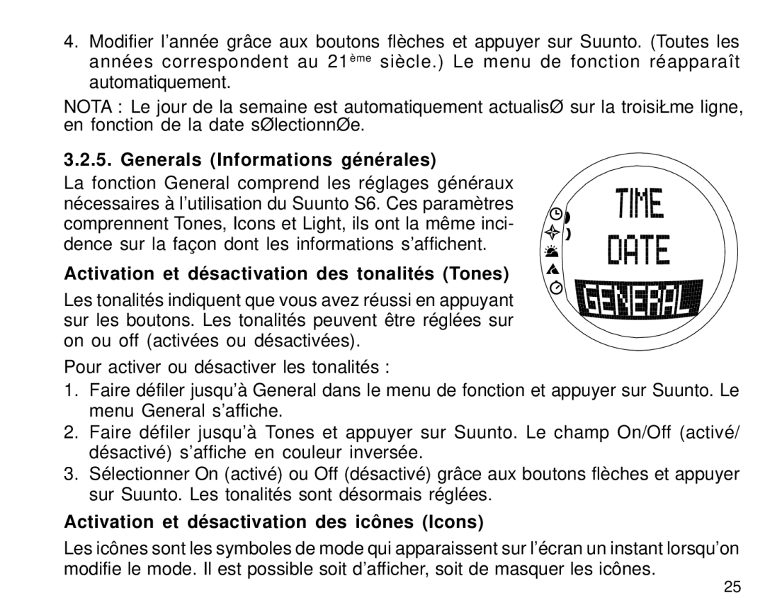 Suunto S6 manual Generals Informations générales, Activation et désactivation des tonalités Tones 