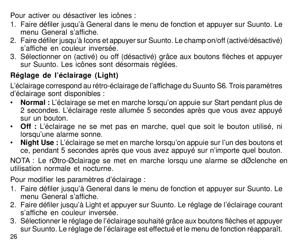 Suunto S6 manual Réglage de l’éclairage Light 