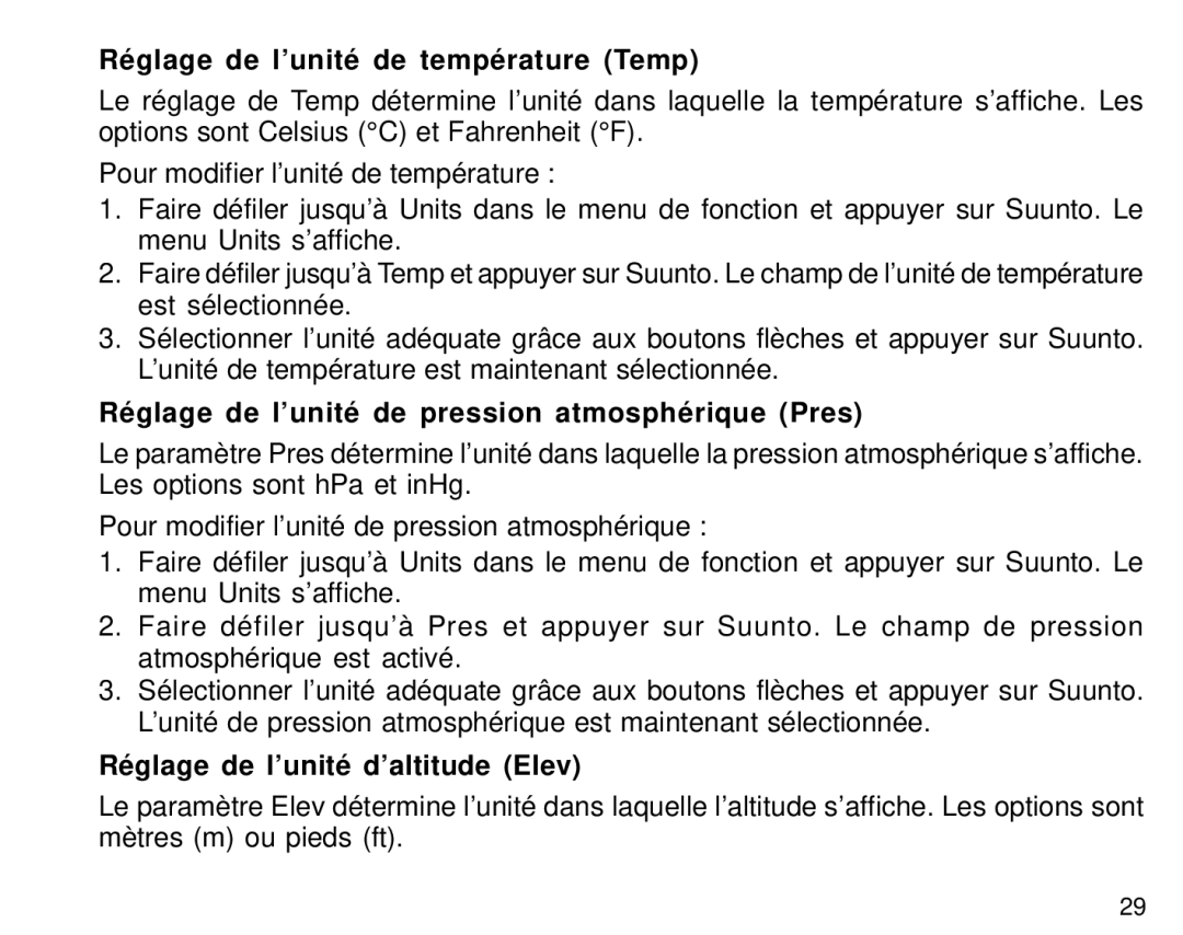 Suunto S6 manual Réglage de l’unité de température Temp, Réglage de l’unité de pression atmosphérique Pres 