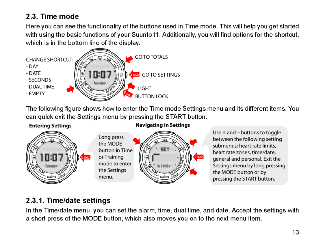 Suunto Stopwatch manual Time mode, Time/date settings 