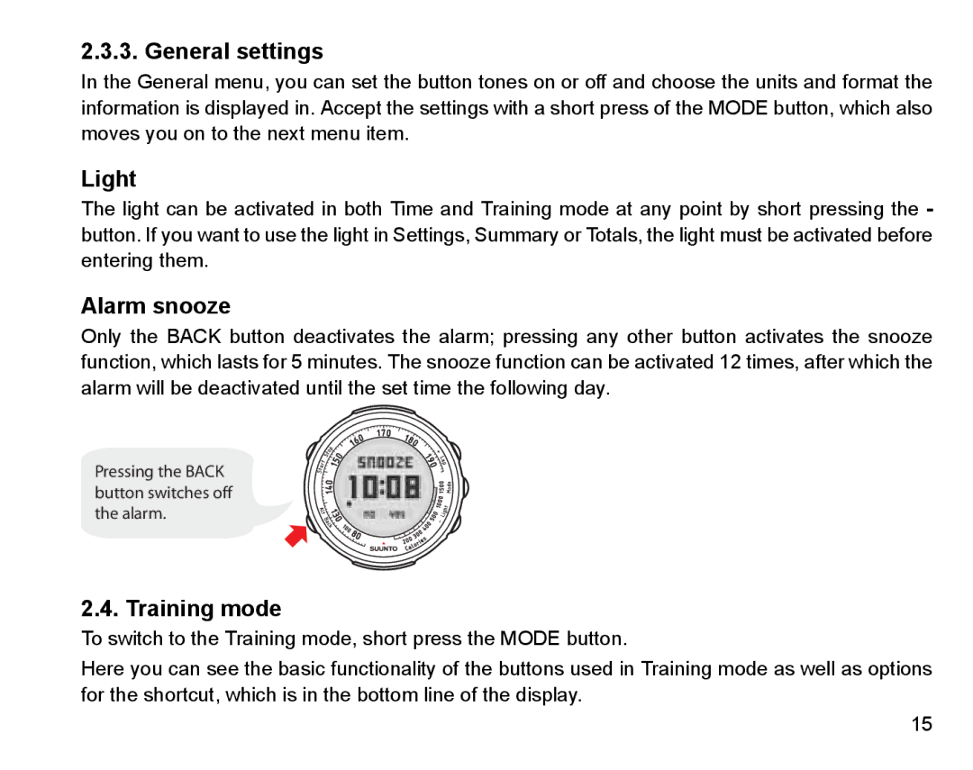 Suunto Stopwatch manual General settings, Light, Alarm snooze, Training mode 