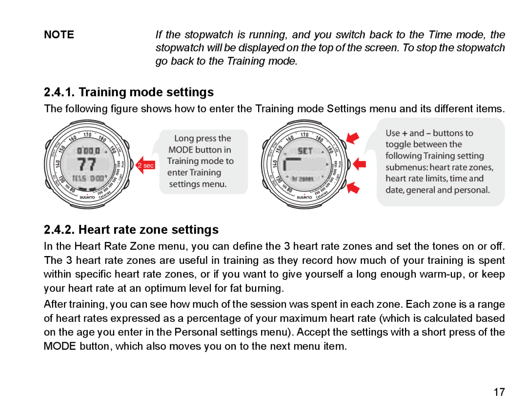 Suunto Stopwatch manual Training mode settings, Heart rate zone settings 