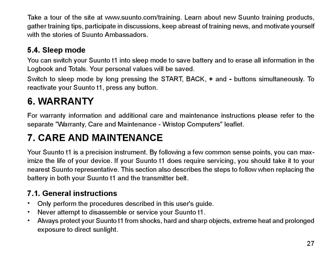 Suunto Stopwatch manual Warranty, Care and Maintenance, Sleep mode, General instructions 