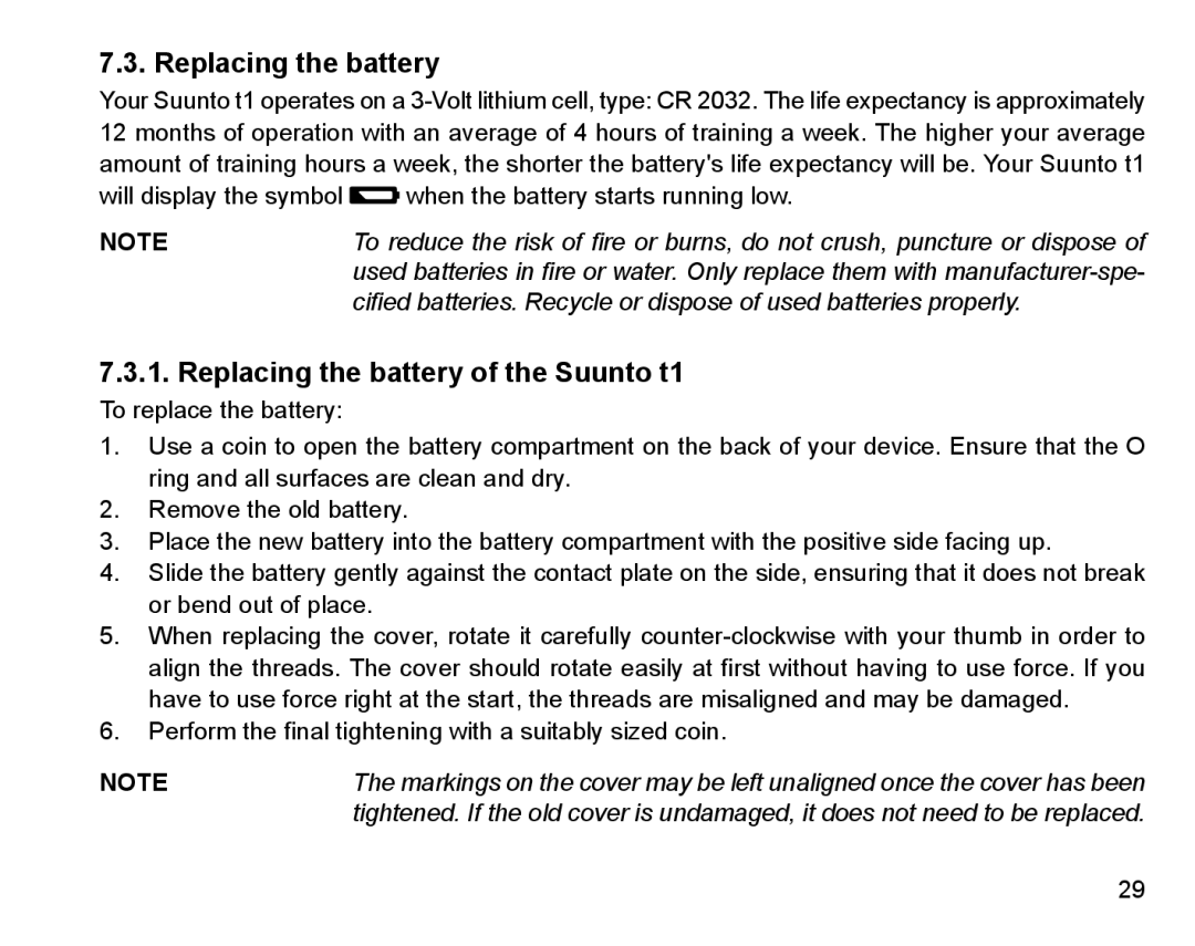 Suunto Stopwatch manual Replacing the battery of the Suunto t1 