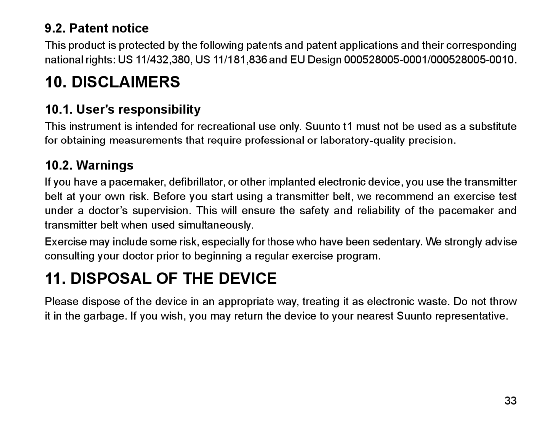 Suunto Stopwatch manual Disclaimers, Disposal of the Device, Patent notice, Users responsibility 