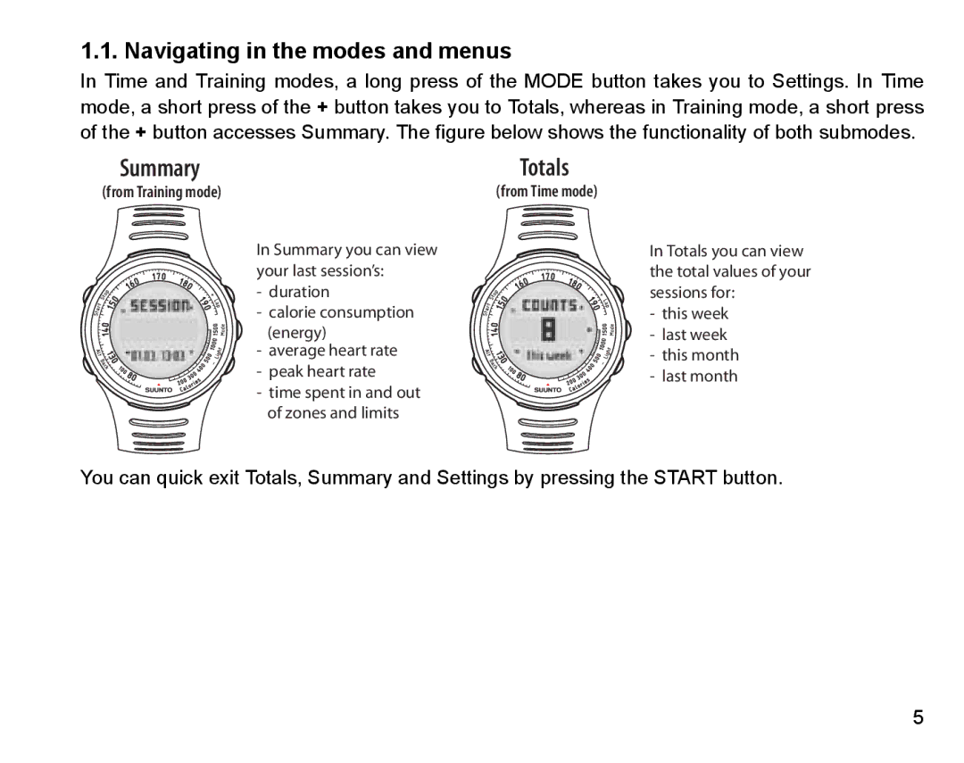 Suunto Stopwatch manual Navigating in the modes and menus, Summary Totals 