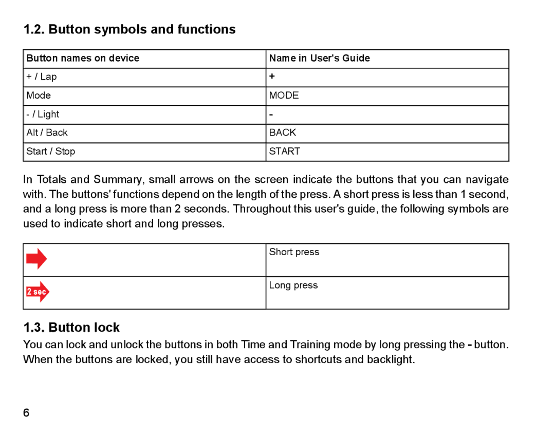 Suunto Stopwatch manual Button symbols and functions, Button lock 