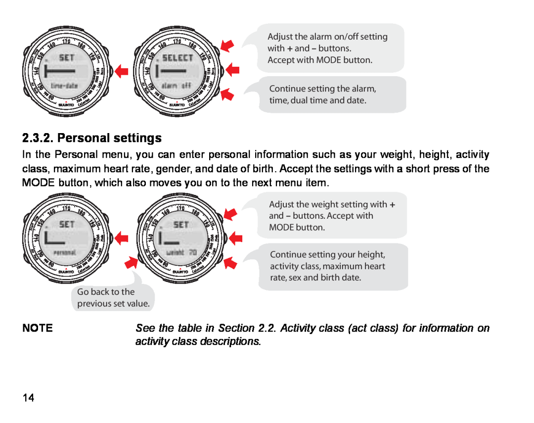 Suunto Stopwatch manual Personal settings, activity class descriptions 