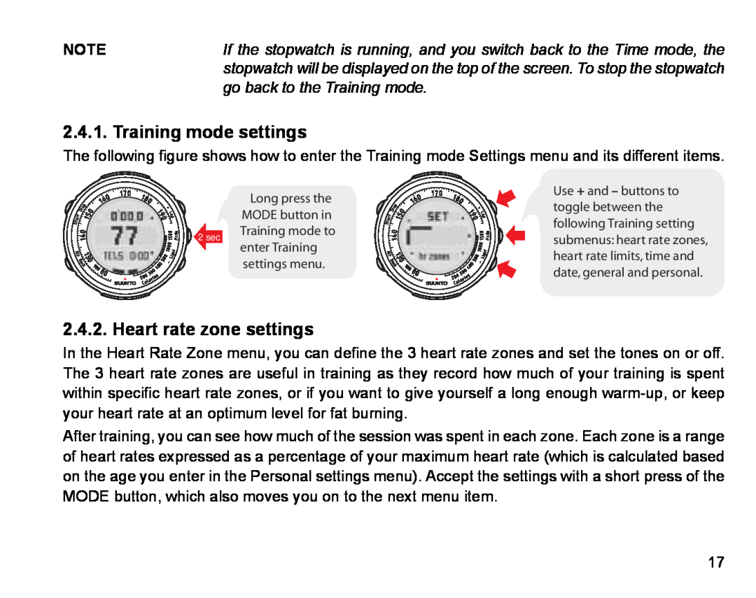 Suunto Stopwatch manual Training mode settings, Heart rate zone settings, go back to the Training mode 
