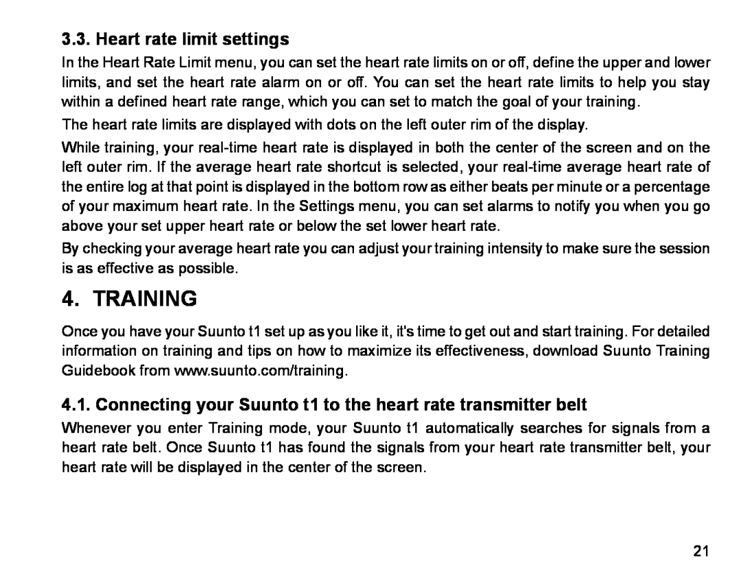 Suunto Stopwatch manual Training, Heart rate limit settings, Connecting your Suunto t1 to the heart rate transmitter belt 