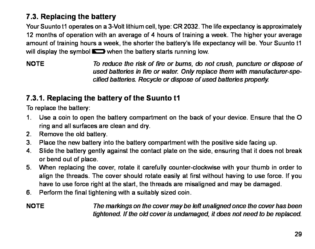 Suunto Stopwatch manual Replacing the battery of the Suunto t1 