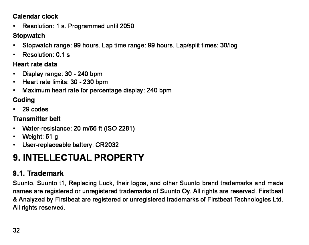 Suunto Stopwatch manual Intellectual Property, Trademark, Calendar clock, Heart rate data, Coding, Transmitter belt 
