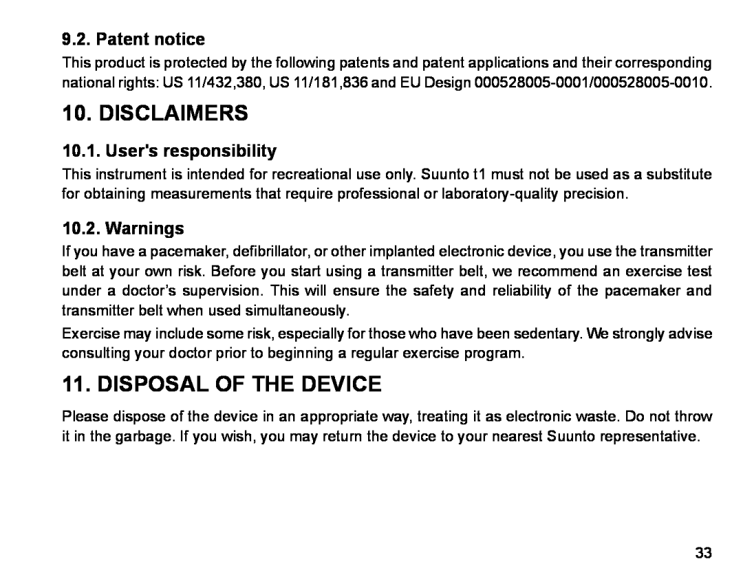 Suunto Stopwatch manual Disclaimers, Disposal Of The Device, Patent notice, Users responsibility, Warnings 