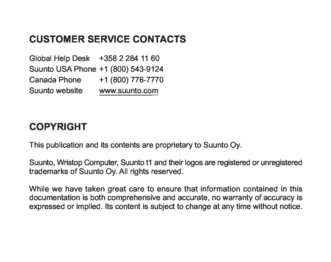 Suunto Stopwatch manual Customer Service Contacts, Copyright 