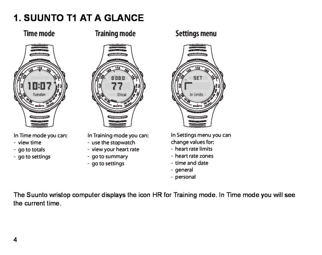 Suunto Stopwatch manual SUUNTO T1 AT A GLANCE, Time mode, Training mode, Settings menu 