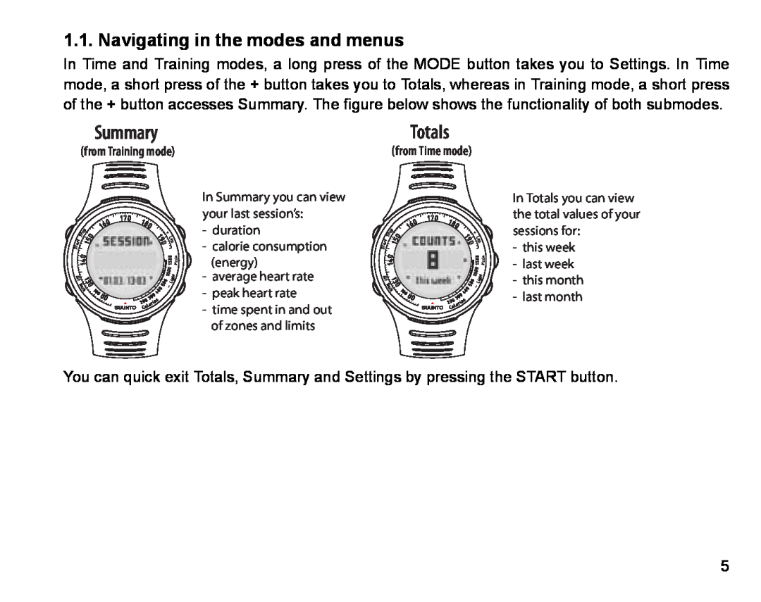 Suunto Stopwatch manual Navigating in the modes and menus, Summary, Totals 