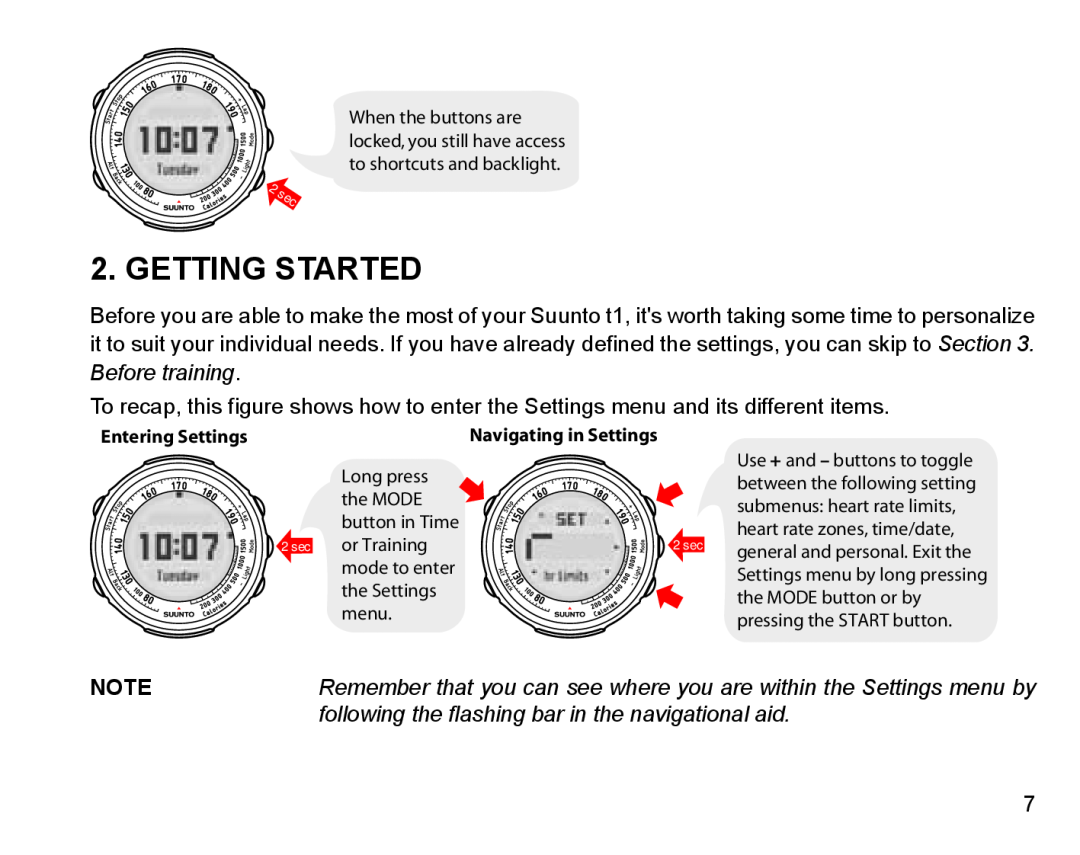 Suunto Stopwatch manual Getting Started, Remember that you can see where you are within the Settings menu by 