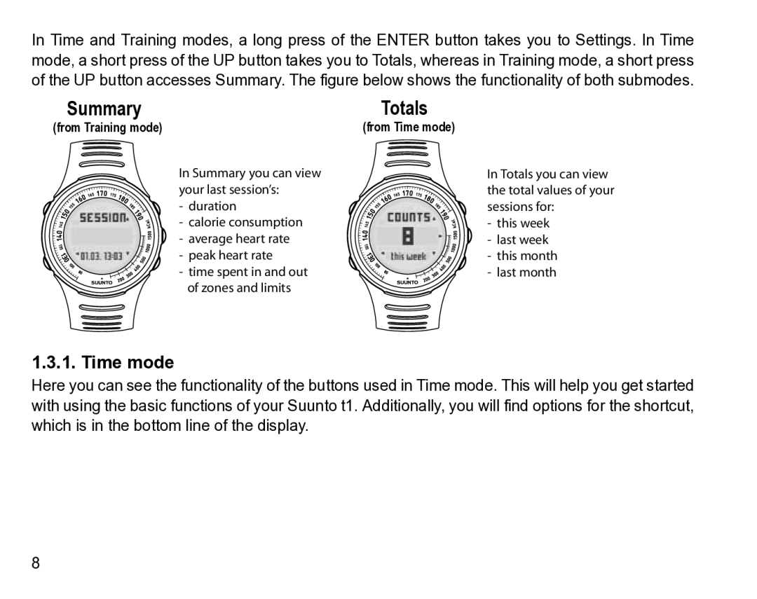 Suunto t1 manual Summary Totals, Time mode 